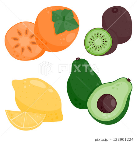 Set of ripe juicy fruits. Kiwi, lemon, avocado, persimmon. Vector illustration is isolated on a white background. 128901224