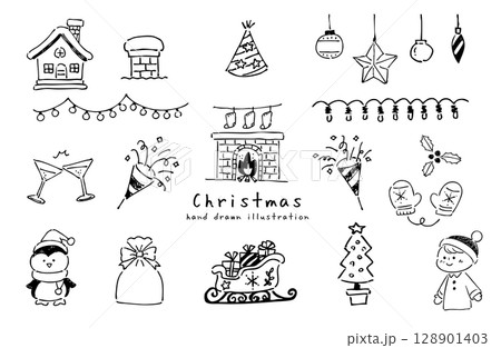 手描きのシンプルなクリスマスアイコンセット モノクロ 手描きのシンプルなクリスマスアイコンセット モノクロ 128901403