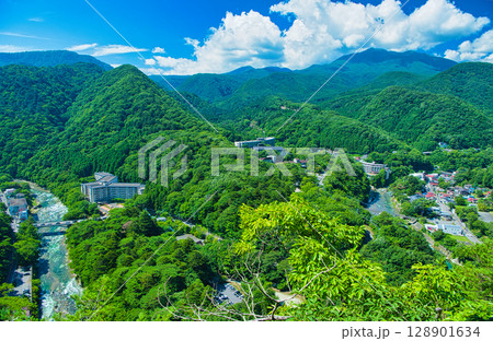 栃木県那須塩原市 夏の塩原温泉と箒川の風景 栃木県那須塩原市 夏の塩原温泉と箒川の風景 128901634