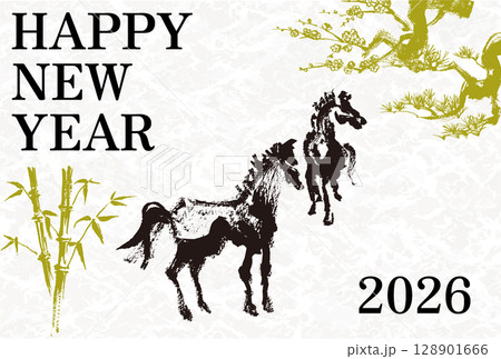 2026年　午年　年賀状用はがきテンプレート　干支の馬の筆手書きイラスト 128901666
