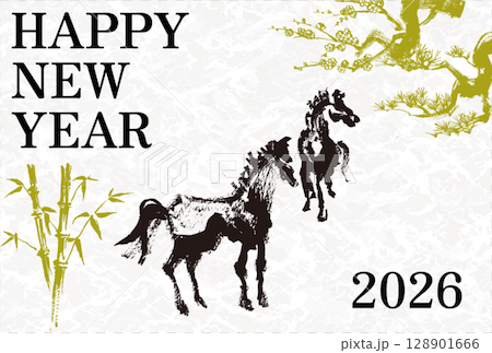 2026 馬年新年賀卡模板手繪馬年生肖插圖 128901666