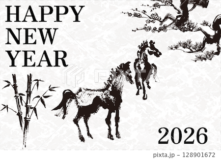 2026 Year of the Horse New Year's card template Hand-drawn illustration of the zodiac sign of the horse 128901672