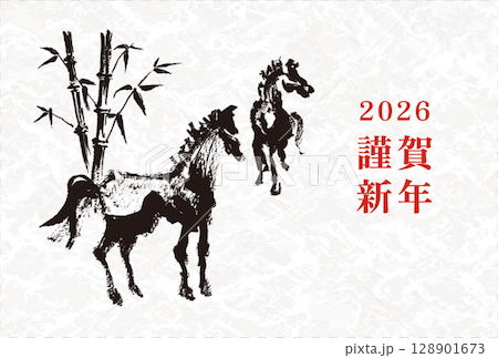 2026 Year of the Horse New Year's card template Hand-drawn illustration of the zodiac sign of the horse 128901673