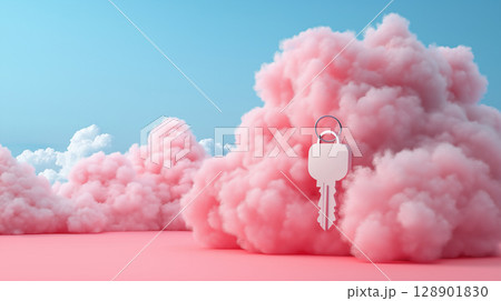 key floating amidst pink fluffy clouds under blue sky 128901830