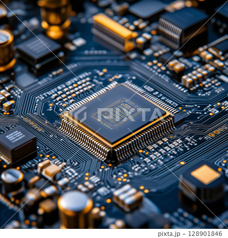 Close up of microchip on detailed circuit board 128901846