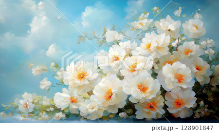 White flowers with soft petals against bright blue sky 128901847