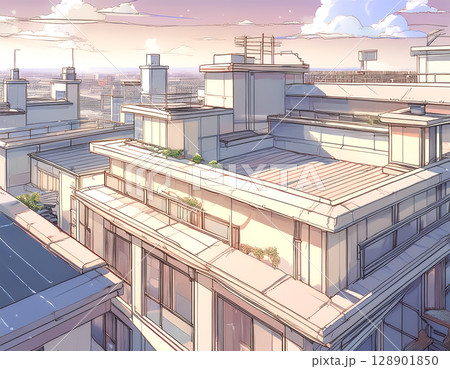 都市風景の背景イラスト素材 夕焼け 都市風景の背景イラスト素材 夕焼け 128901850