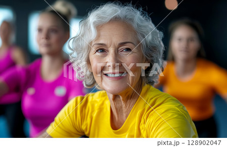 Senior woman smiling during exercise class at the gym Senior woman smiling during exercise class at the gym 128902047