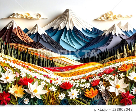 クイリングで描かれた高山植物の咲く色鮮やかな花畑と雄大な山の風景イラスト クイリングで描かれた高山植物の咲く色鮮やかな花畑と雄大な山の風景イラスト 128902048