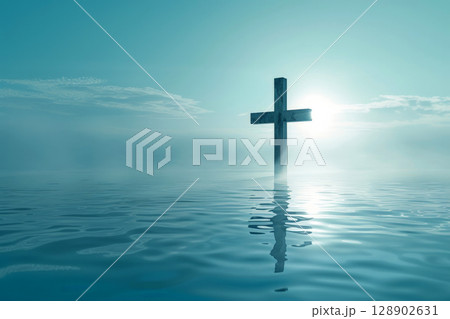 Christ with cross in water submerged in a blue lake. Generative AI 128902631