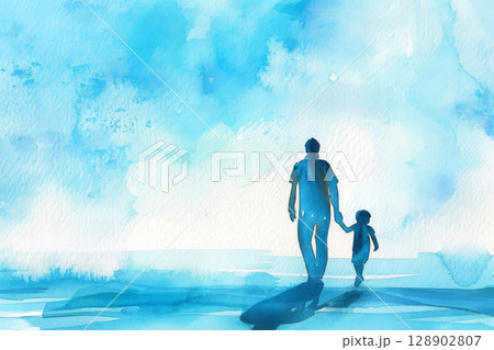 father's day. father and son on sunset landscape background. Generative AI 128902807