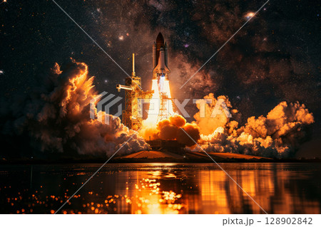 rocket launch billowing smoke generative AI 128902842