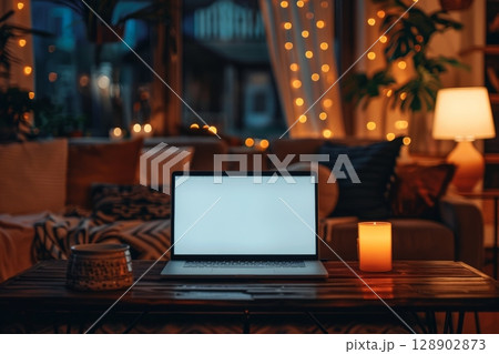 Laptop mockup with modern background and white screen. Generative AI Laptop mockup with modern background and white screen. Generative AI 128902873