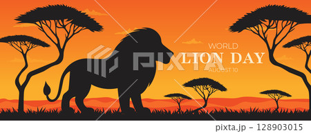 Lion Silhouette Poster for World Lion Day in African Landscape. 128903015