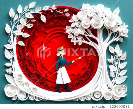 クイリングで描かれたバラを赤く塗るトランプ兵と幻想的な白い木々の物語風イラスト 128903051