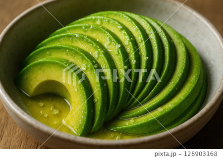 Elegant Fan of Sliced Avocado with Olive Oil and Salt Flakes in a Bowl 128903168