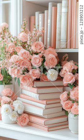 Beautiful pink roses and books arranged on shelf 128903212