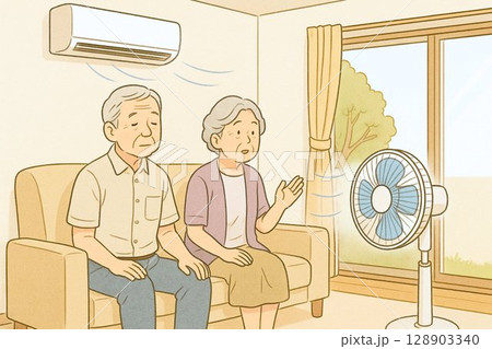 室内でエアコンと扇風機で涼をとる高齢夫婦 - 熱中症対策素材 128903340