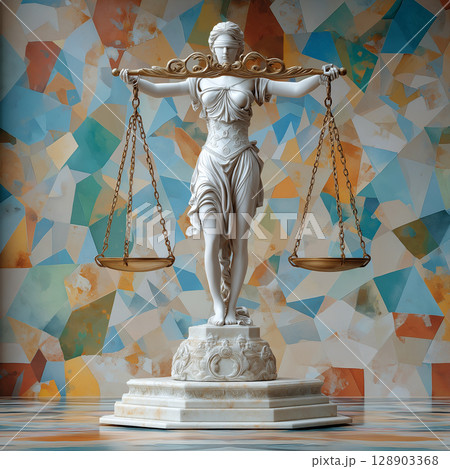 majestic statue of Lady Justice holding scales 128903368