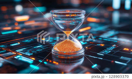 Futuristic hourglass with glowing sand on digital background 128903370