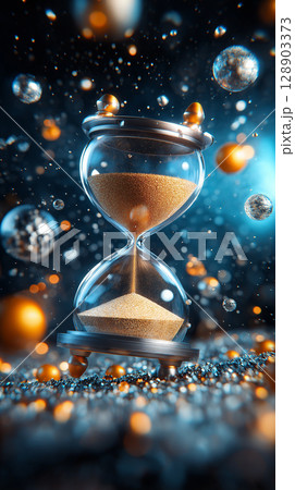 stunning hourglass with flowing sand and glowing orbs 128903373