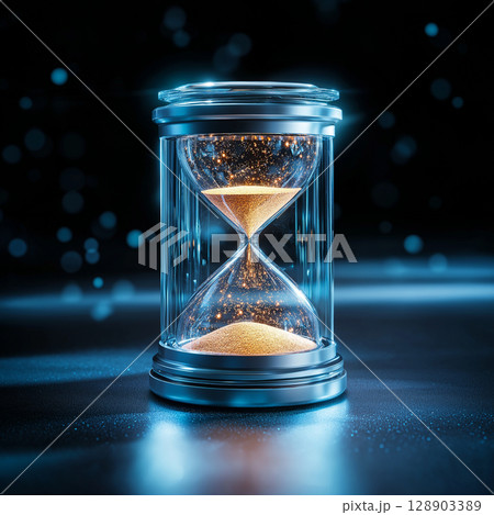 glowing hourglass with shimmering sand and blue light 128903389