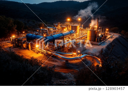Geothermal power plant generating electricity at night 128903457