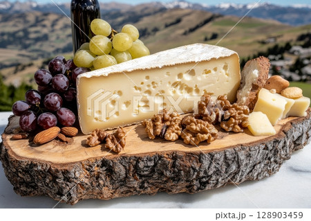 Cheese board with walnuts, grapes, almonds, bread and wine enjoying mountain view 128903459