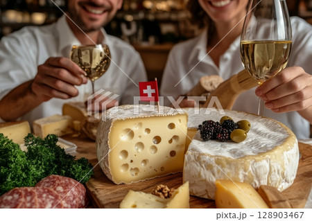 Couple enjoying swiss cheese and wine tasting experience 128903467