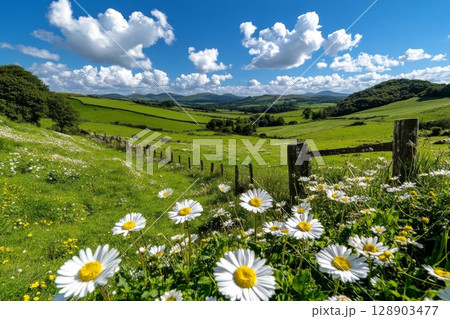 Blooming daisies adorning picturesque countryside landscape on sunny day 128903477