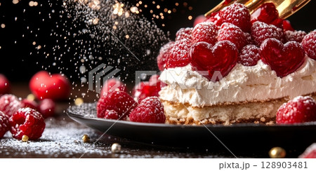 Meringue cake decorated with whipped cream, raspberries, and heart shaped candies being sprinkled with icing sugar 128903481