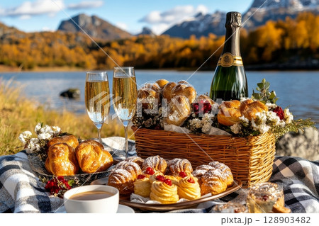 Romantic autumn lakeside picnic celebrating with sparkling wine and pastries 128903482
