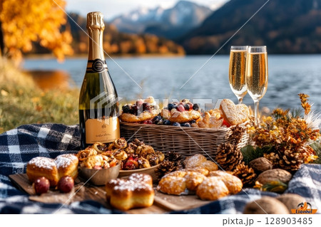 Delicious pastries and sparkling wine served for romantic autumn picnic by the lake 128903485