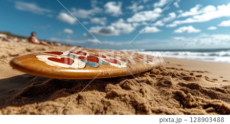 Surfboard with hearts is lying on the sand of a tropical beach 128903488