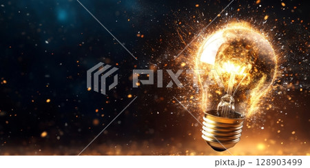 Light bulb exploding with golden particles generating creative idea 128903499