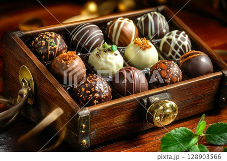 Assorted gourmet chocolate truffles sitting in an elegant wooden box 128903566