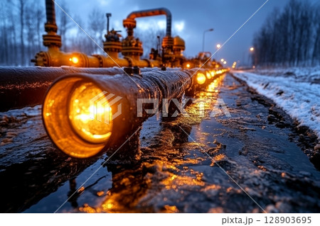 Gas pipeline infrastructure illuminated at dusk in winter 128903695