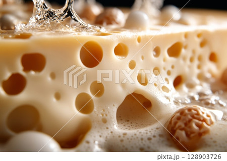 Water splashing on swiss cheese with bubbles and foam 128903726