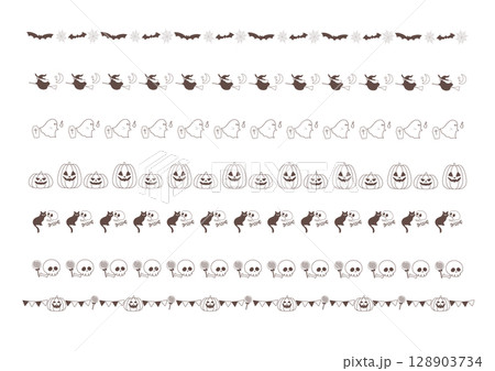 ハロウィンのライン素材セット 白黒 128903734