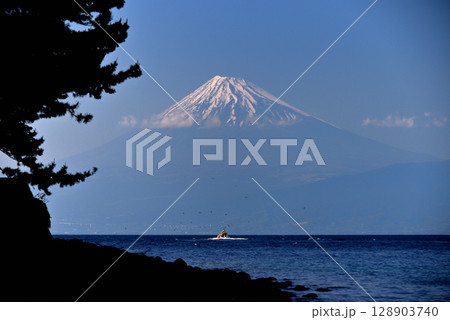 中部地方・伊豆半島・御浜岬・諸口神社の鳥居から眺める富士山と戸田港へ戻る漁船・静岡県沼津市戸田(2) 中部地方・伊豆半島・御浜岬・諸口神社の鳥居から眺める富士山と戸田港へ戻る漁船・静岡県沼津市戸田(2) 128903740