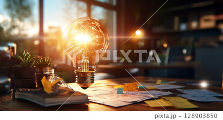 Bright light bulb shining over desk with notes and sketches at sunset, inspiration and creative idea concept 128903850