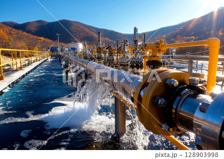 Water treatment plant releasing purified water into river in mountainous area 128903998