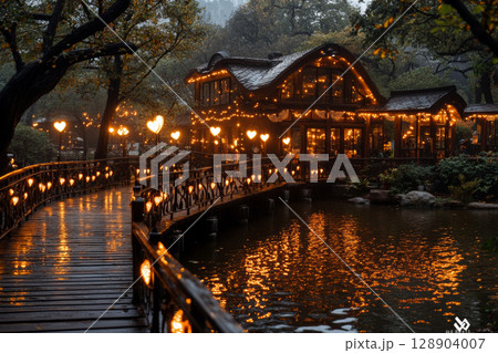 Wooden bridge with heart shaped lamps leading to cozy illuminated house in the forest 128904007