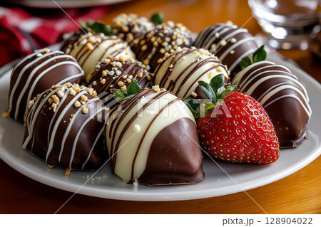 Chocolate covered strawberries displayed on a white plate, indulge in sweetness 128904022