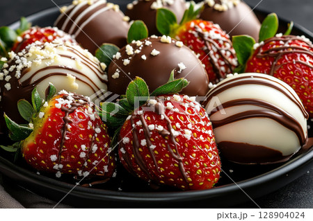 Chocolate covered strawberries decorated with white and dark chocolate drizzle and toppings 128904024