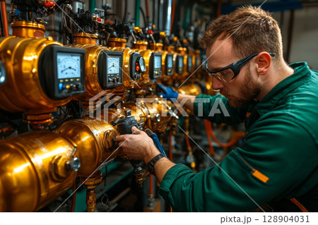 Engineer working on industrial control panel, checking pressure gauges and valves Engineer working on industrial control panel, checking pressure gauges and valves 128904031