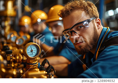 Industrial worker monitoring pressure gauges in factory Industrial worker monitoring pressure gauges in factory 128904032
