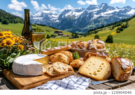 Picnic with wine, cheese, and bread in the swiss alps 128904046