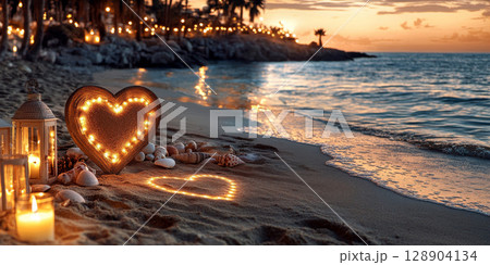 Romantic sunset at the beach with glowing heart and lanterns 128904134
