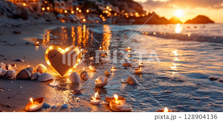 Glowing heart and seashells creating romantic ambiance on beach at sunset 128904136